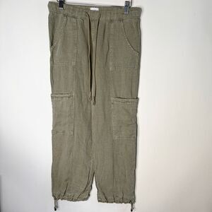 Nicole Miller Cargo Pants Capri Cropped Linen Blend Green Pull On Boho Women XS